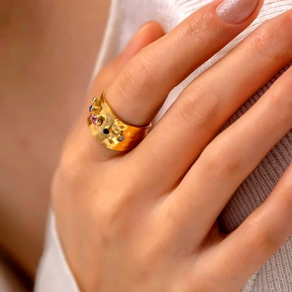 18K Gold Plated Hammered Ring Adjustable Colorful CZ Gemstones Bold Look